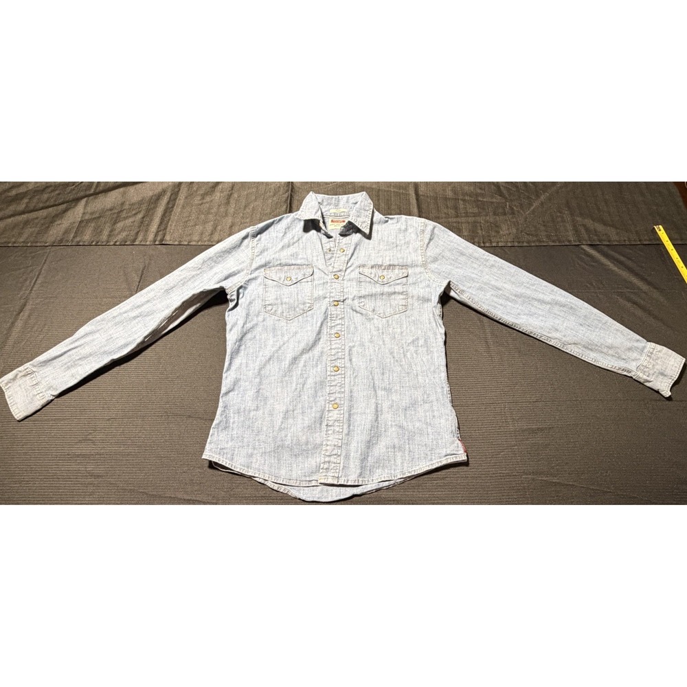 Wrangler Men's Medium Light Blue Indigo Denim Western Pearl Snap Shirt Stretch M